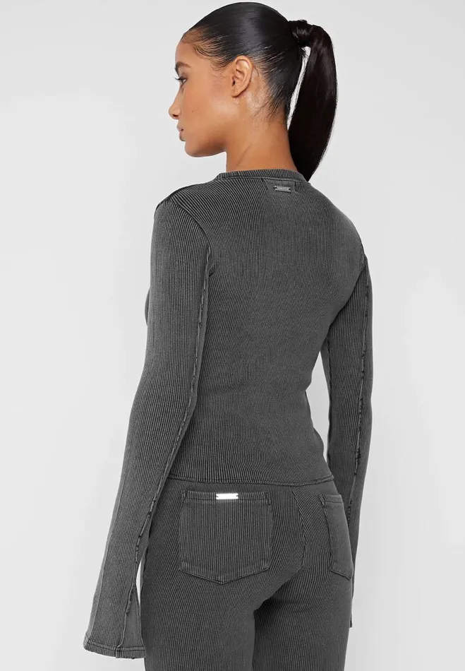 Manire De Voir Matching Sets Manire De Voir Woman Ribbed Long Sleeve Top 8211 Washed Grey