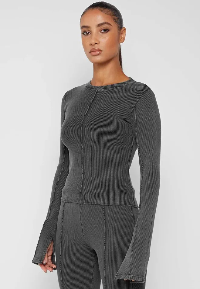 Manire De Voir Matching Sets Manire De Voir Woman Ribbed Long Sleeve Top 8211 Washed Grey