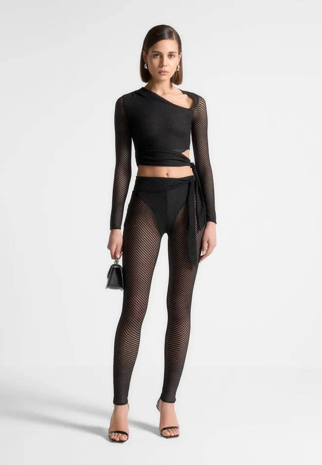 Manire De Voir Matching Sets Manire De Voir Woman Ribbed Sheer Leggings With Tie 8211 Black Manire De Voir Matching Sets Manire De Voir Woman Ribbed Sheer Leggings With Tie 8211 Black