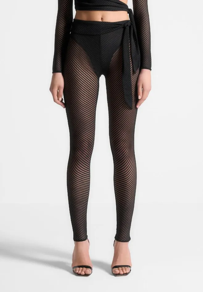 Manire De Voir Matching Sets Manire De Voir Woman Ribbed Sheer Leggings With Tie 8211 Black
