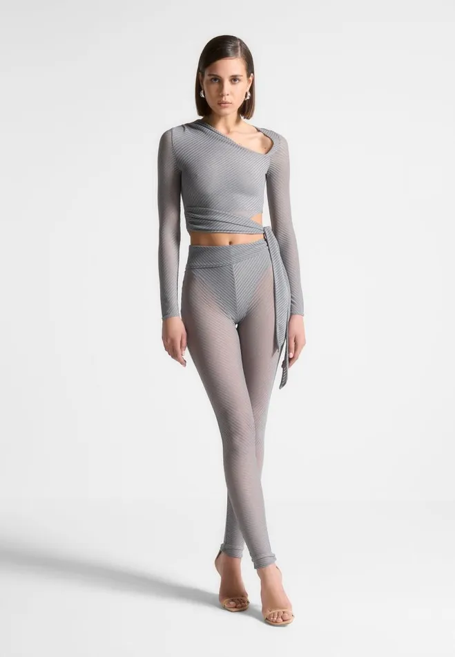 Manire De Voir Matching Sets Manire De Voir Woman Ribbed Sheer Top With Tie 8211 Grey Manire De Voir Matching Sets Manire De Voir Woman Ribbed Sheer Top With Tie 8211 Grey