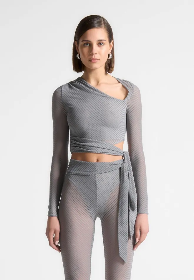 Manire De Voir Matching Sets Manire De Voir Woman Ribbed Sheer Top With Tie 8211 Grey
