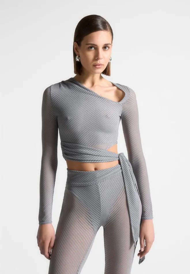 Manire De Voir Matching Sets Manire De Voir Woman Ribbed Sheer Top With Tie 8211 Grey