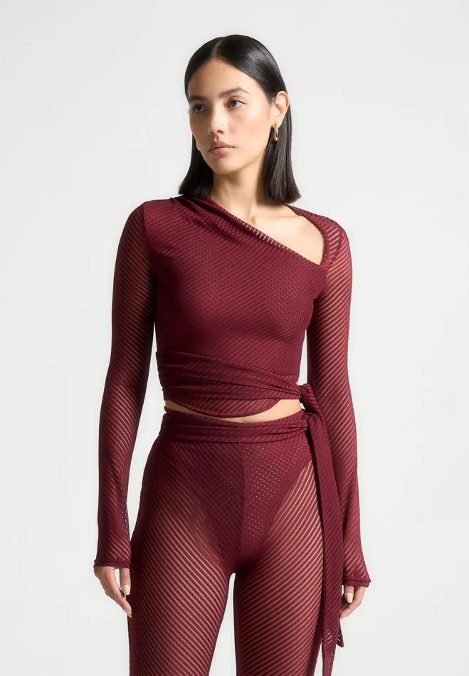 Manire De Voir Matching Sets Manire De Voir Woman Ribbed Sheer Top With Tie 8211 Wine Red Manire De Voir Matching Sets Manire De Voir Woman Ribbed Sheer Top With Tie 8211 Wine Red