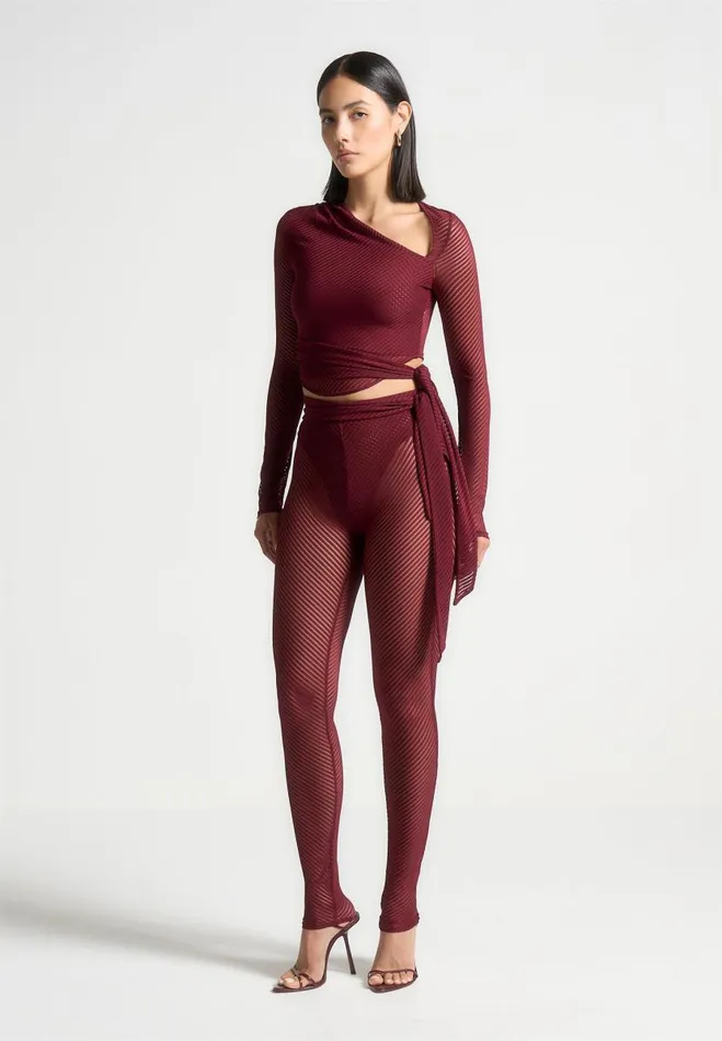 Manire De Voir Matching Sets Manire De Voir Woman Ribbed Sheer Top With Tie 8211 Wine Red