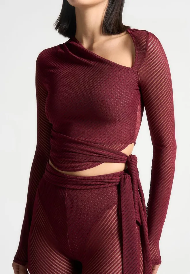 Manire De Voir Matching Sets Manire De Voir Woman Ribbed Sheer Top With Tie 8211 Wine Red