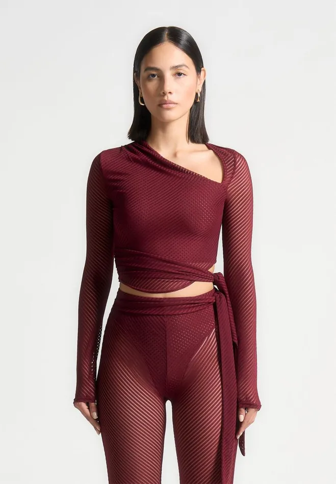 Manire De Voir Matching Sets Manire De Voir Woman Ribbed Sheer Top With Tie 8211 Wine Red