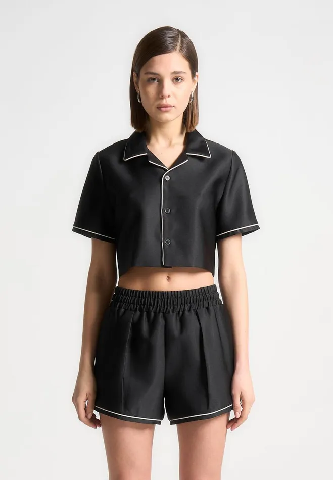 Manire De Voir Matching Sets Manire De Voir Woman Satin Cropped Shirt With Piping 8211 Black