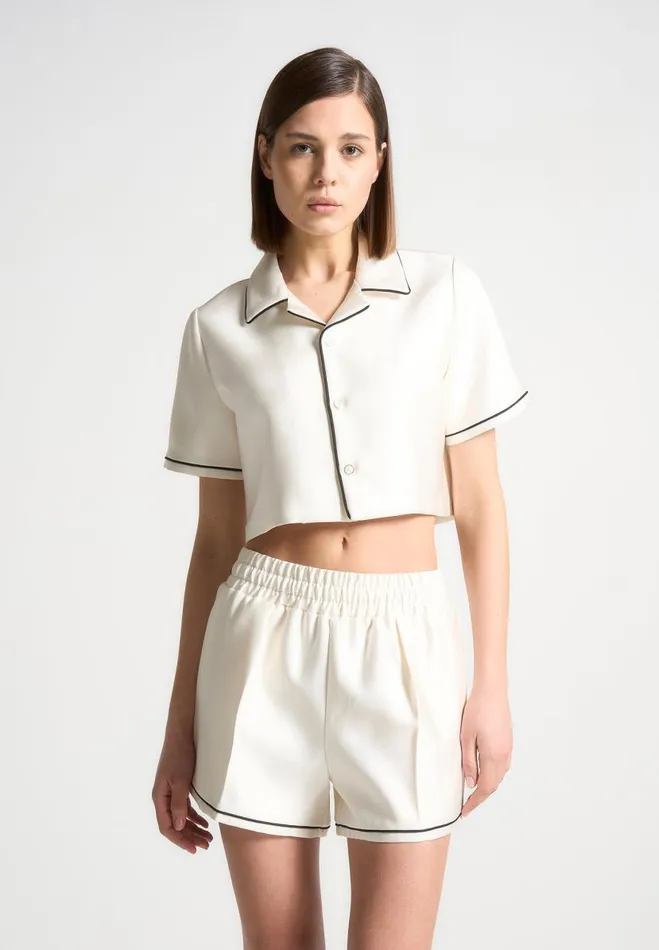 Manire De Voir Matching Sets Manire De Voir Woman Satin Cropped Shirt With Piping 8211 Cream Manire De Voir Matching Sets Manire De Voir Woman Satin Cropped Shirt With Piping 8211 Cream