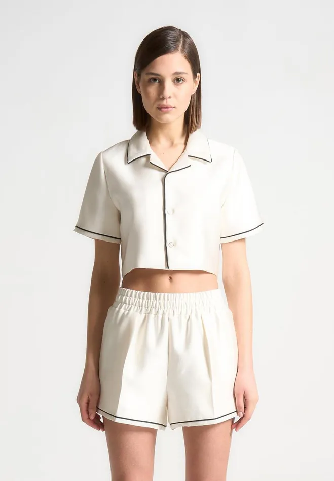 Manire De Voir Matching Sets Manire De Voir Woman Satin Cropped Shirt With Piping 8211 Cream