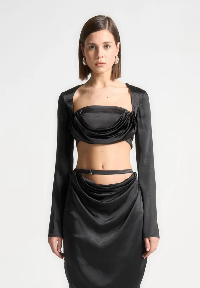 Manire De Voir Matching Sets Manire De Voir Woman Satin Drape Bandeau Bolero Top 8211 Black Manire De Voir Matching Sets Manire De Voir Woman Satin Drape Bandeau Bolero Top 8211 Black