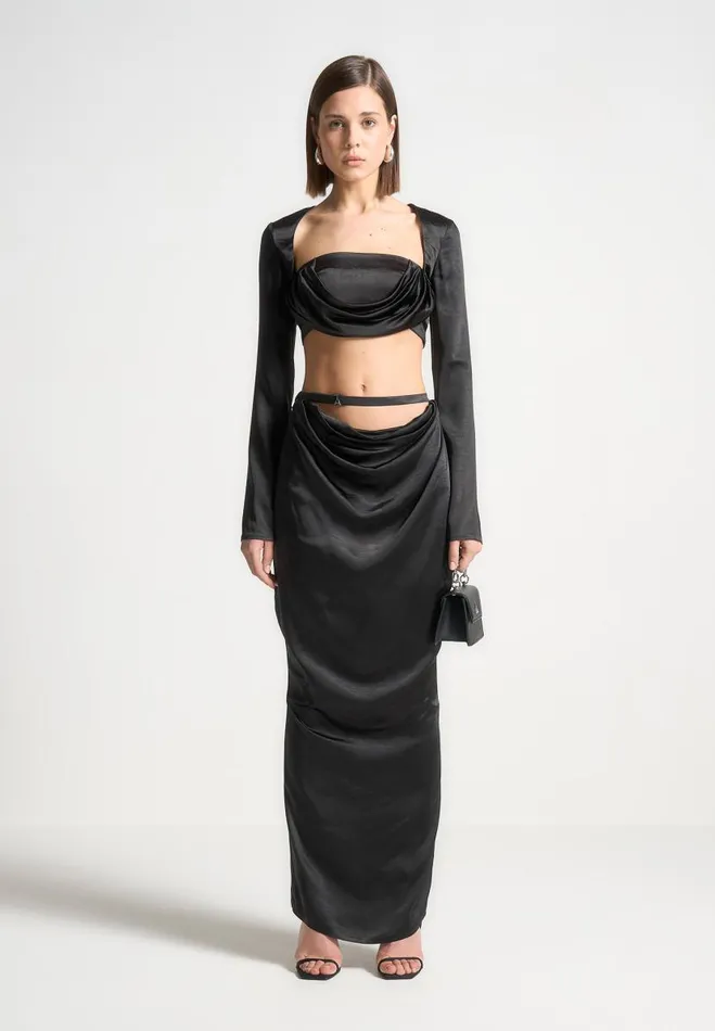Manire De Voir Matching Sets Manire De Voir Woman Satin Drape Belted Maxi Skirt 8211 Black Manire De Voir Matching Sets Manire De Voir Woman Satin Drape Belted Maxi Skirt 8211 Black