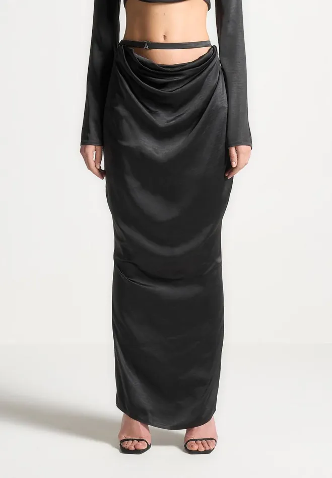 Manire De Voir Matching Sets Manire De Voir Woman Satin Drape Belted Maxi Skirt 8211 Black