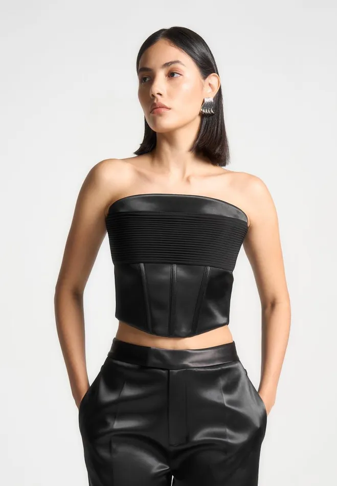 Manire De Voir Matching Sets Manire De Voir Woman Satin Pintuck Bandeau Corset Top 8211 Black Manire De Voir Matching Sets Manire De Voir Woman Satin Pintuck Bandeau Corset Top 8211 Black