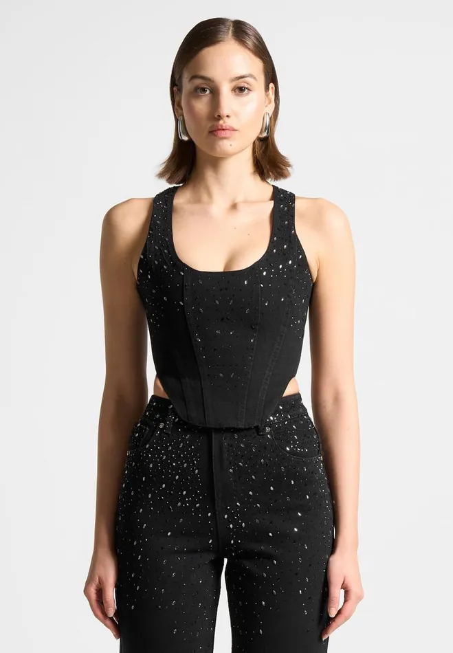 Manire De Voir Matching Sets Manire De Voir Woman Scattered Rhinestone Denim Corset Top 8211 Black Manire De Voir Matching Sets Manire De Voir Woman Scattered Rhinestone Denim Corset Top 8211 Black