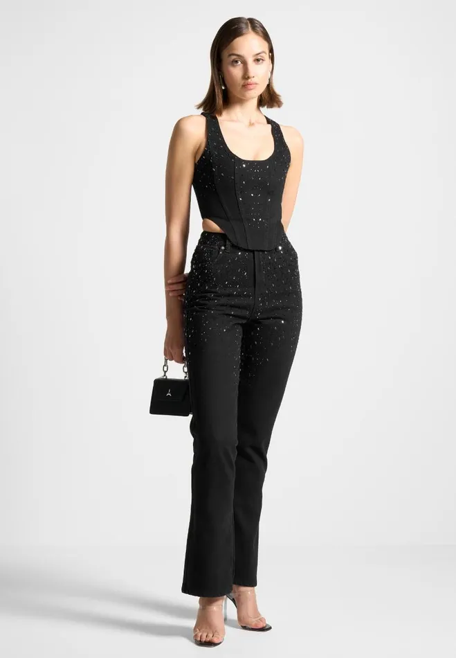 Manire De Voir Matching Sets Manire De Voir Woman Scattered Rhinestone Denim Corset Top 8211 Black
