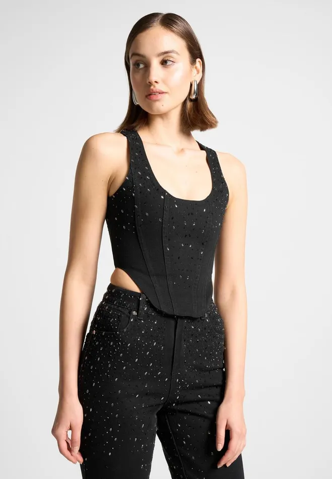 Manire De Voir Matching Sets Manire De Voir Woman Scattered Rhinestone Denim Corset Top 8211 Black