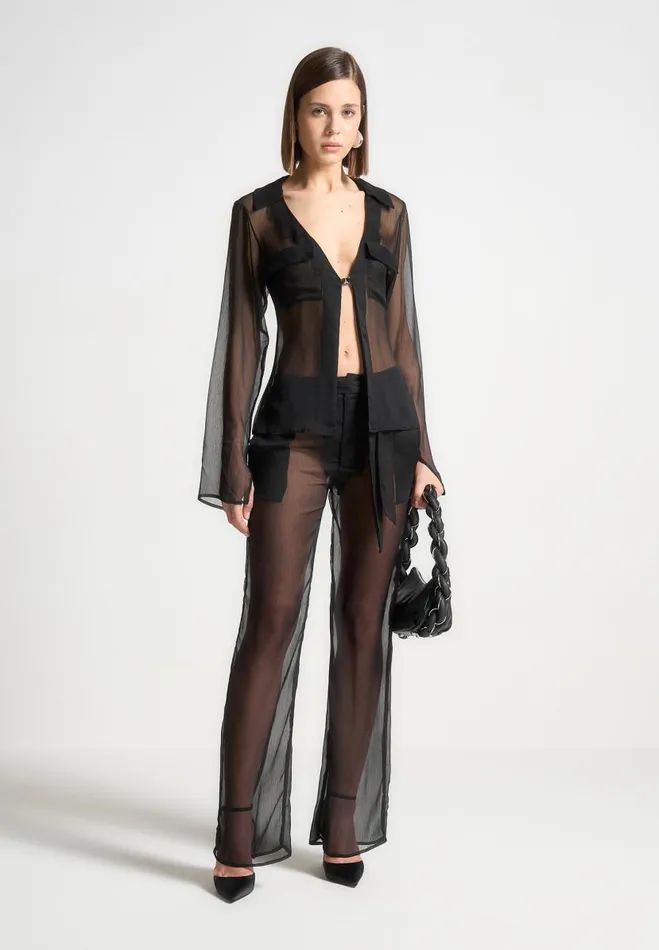 Manire De Voir Matching Sets Manire De Voir Woman Sheer Belted Trousers 8211 Black Manire De Voir Matching Sets Manire De Voir Woman Sheer Belted Trousers 8211 Black