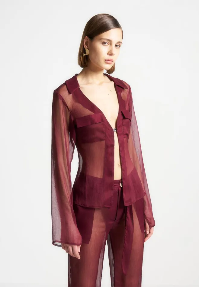 Manire De Voir Matching Sets Manire De Voir Woman Sheer Shirt With Clasp 8211 Wine Red Manire De Voir Matching Sets Manire De Voir Woman Sheer Shirt With Clasp 8211 Wine Red