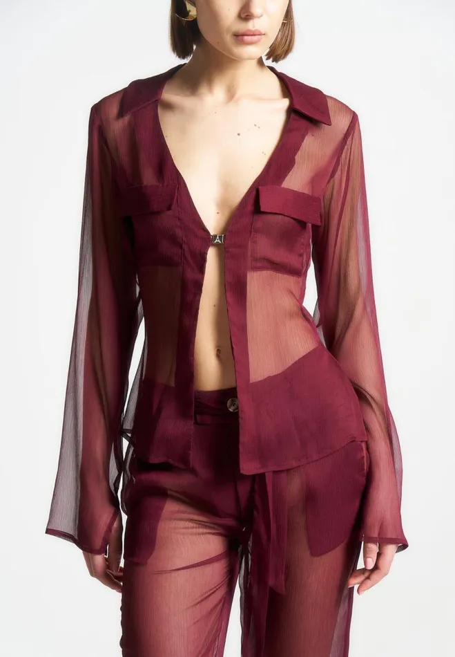 Manire De Voir Matching Sets Manire De Voir Woman Sheer Shirt With Clasp 8211 Wine Red