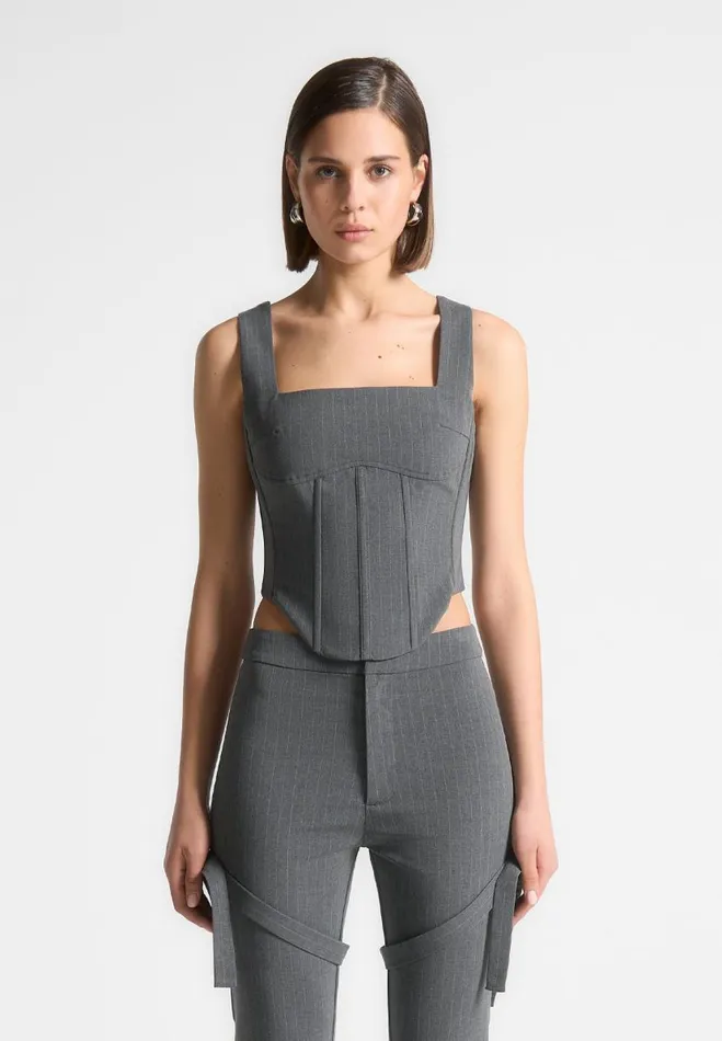 Manire De Voir Matching Sets Manire De Voir Woman Square Neck Pinstripe Corset Top 8211 Grey Manire De Voir Matching Sets Manire De Voir Woman Square Neck Pinstripe Corset Top 8211 Grey