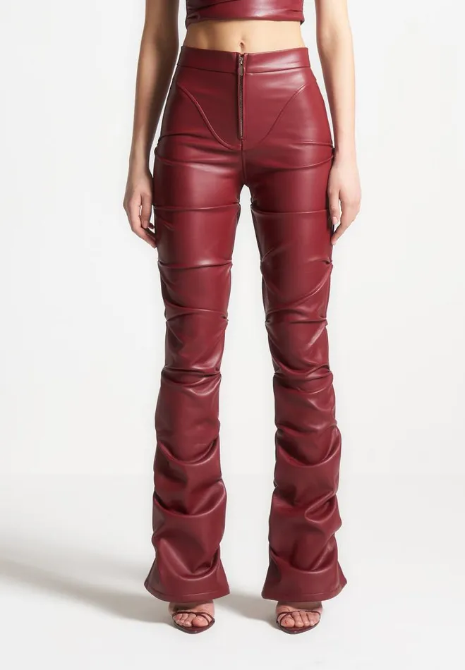 Manire De Voir Matching Sets Manire De Voir Woman Tacked Vegan Leather Flared Trousers 8211 Wine Red