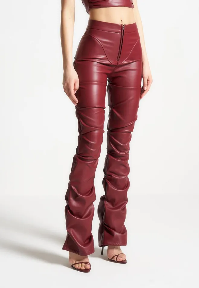 Manire De Voir Matching Sets Manire De Voir Woman Tacked Vegan Leather Flared Trousers 8211 Wine Red