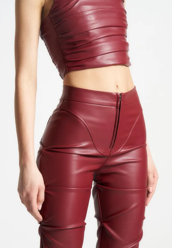 Manire De Voir Matching Sets Manire De Voir Woman Tacked Vegan Leather Flared Trousers 8211 Wine Red