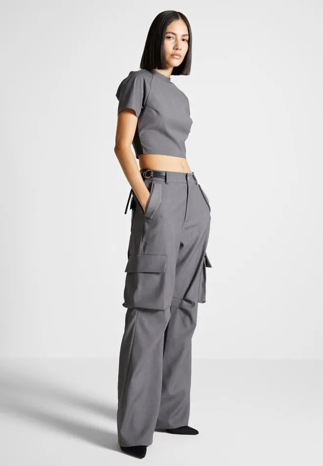 Manire De Voir Matching Sets Manire De Voir Woman Tailored Cargo Trousers 8211 GreyBlack Manire De Voir Matching Sets Manire De Voir Woman Tailored Cargo Trousers 8211 GreyBlack