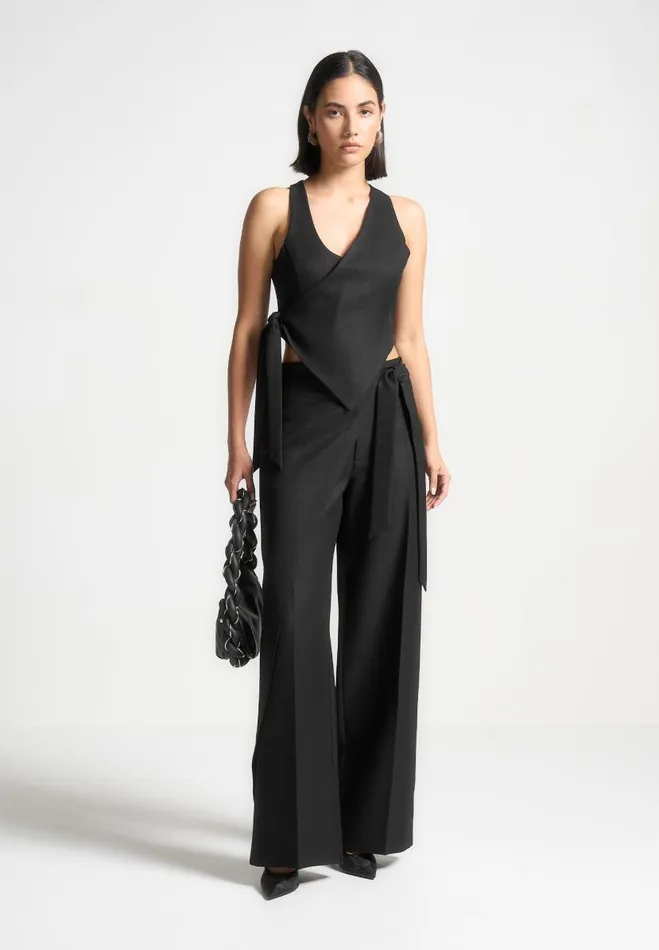 Manire De Voir Matching Sets Manire De Voir Woman Tailored Wrap Trousers With Tie 8211 Black Manire De Voir Matching Sets Manire De Voir Woman Tailored Wrap Trousers With Tie 8211 Black