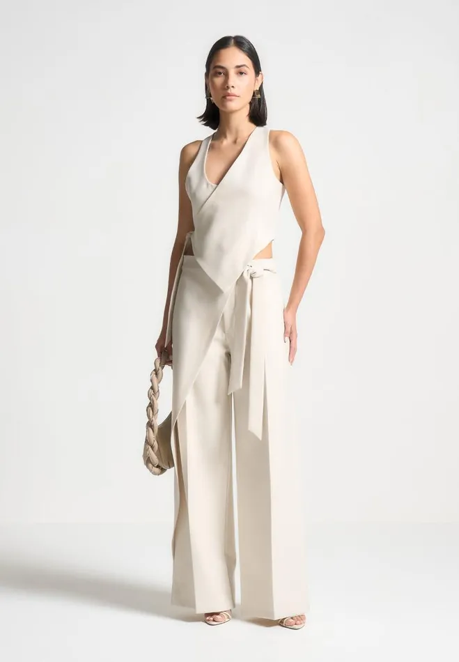 Manire De Voir Matching Sets Manire De Voir Woman Tailored Wrap Trousers With Tie 8211 Light Beige Manire De Voir Matching Sets Manire De Voir Woman Tailored Wrap Trousers With Tie 8211 Light Beige