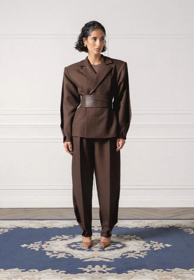 Manire De Voir Matching Sets Manire De Voir Woman Twist Sleeve Tailored Blazer With Belt 8211 Brown Manire De Voir Matching Sets Manire De Voir Woman Twist Sleeve Tailored Blazer With Belt 8211 Brown
