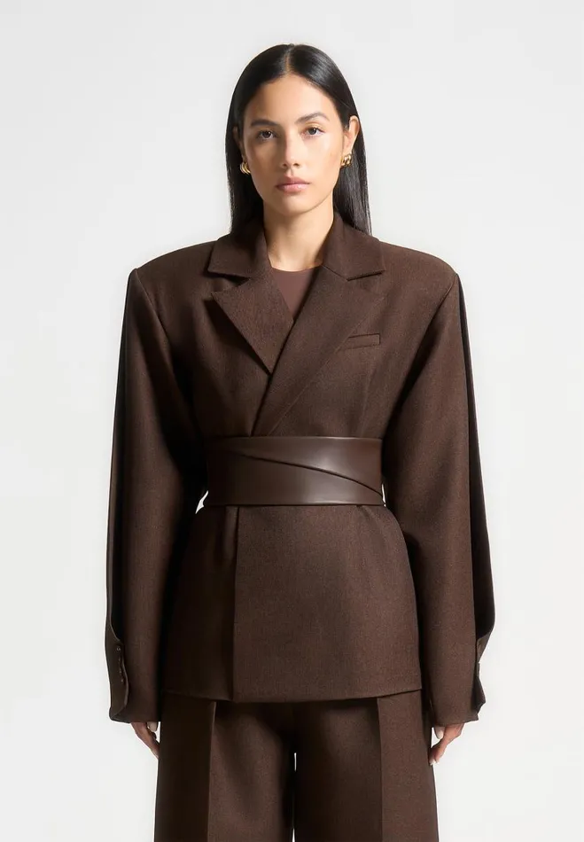 Manire De Voir Matching Sets Manire De Voir Woman Twist Sleeve Tailored Blazer With Belt 8211 Brown
