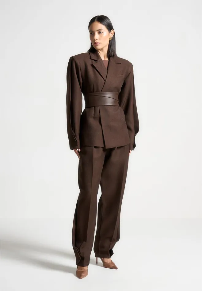 Manire De Voir Matching Sets Manire De Voir Woman Twist Sleeve Tailored Blazer With Belt 8211 Brown