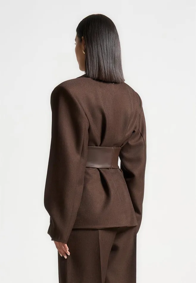Manire De Voir Matching Sets Manire De Voir Woman Twist Sleeve Tailored Blazer With Belt 8211 Brown
