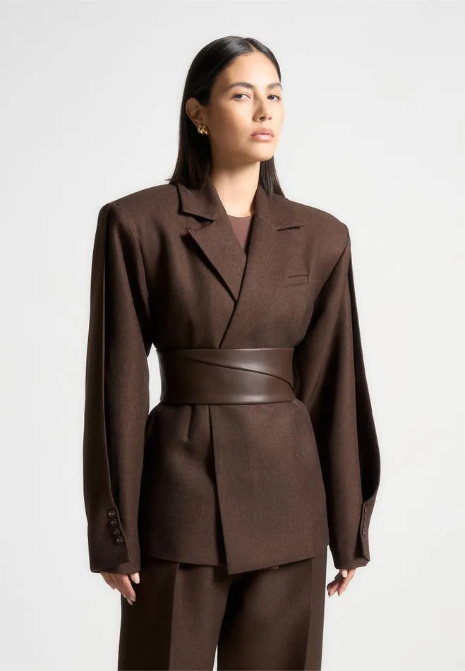 Manire De Voir Matching Sets Manire De Voir Woman Twist Sleeve Tailored Blazer With Belt 8211 Brown