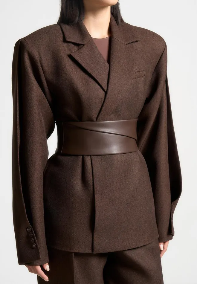 Manire De Voir Matching Sets Manire De Voir Woman Twist Sleeve Tailored Blazer With Belt 8211 Brown