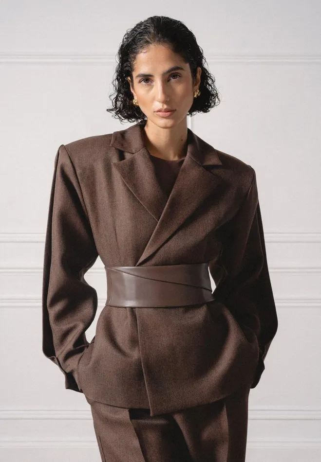 Manire De Voir Matching Sets Manire De Voir Woman Twist Sleeve Tailored Blazer With Belt 8211 Brown