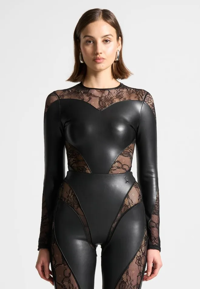 Manire De Voir Matching Sets Manire De Voir Woman Vegan Leather And Lace Contour Bodysuit 8211 Black Manire De Voir Matching Sets Manire De Voir Woman Vegan Leather And Lace Contour Bodysuit 8211 Black