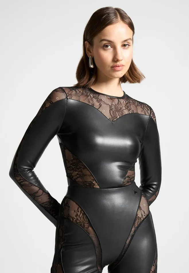 Manire De Voir Matching Sets Manire De Voir Woman Vegan Leather And Lace Contour Bodysuit 8211 Black
