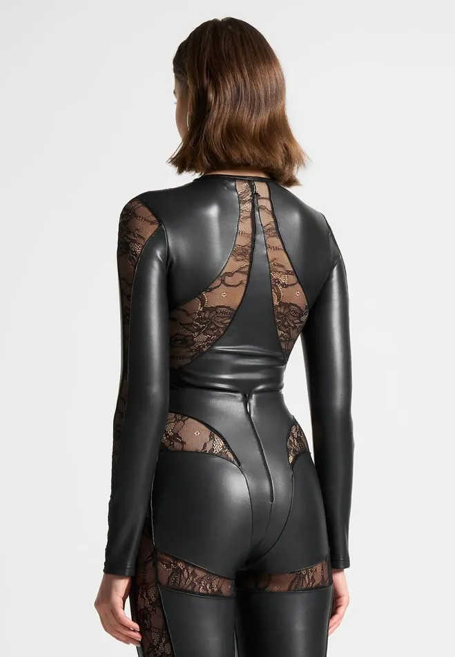 Manire De Voir Matching Sets Manire De Voir Woman Vegan Leather And Lace Contour Bodysuit 8211 Black