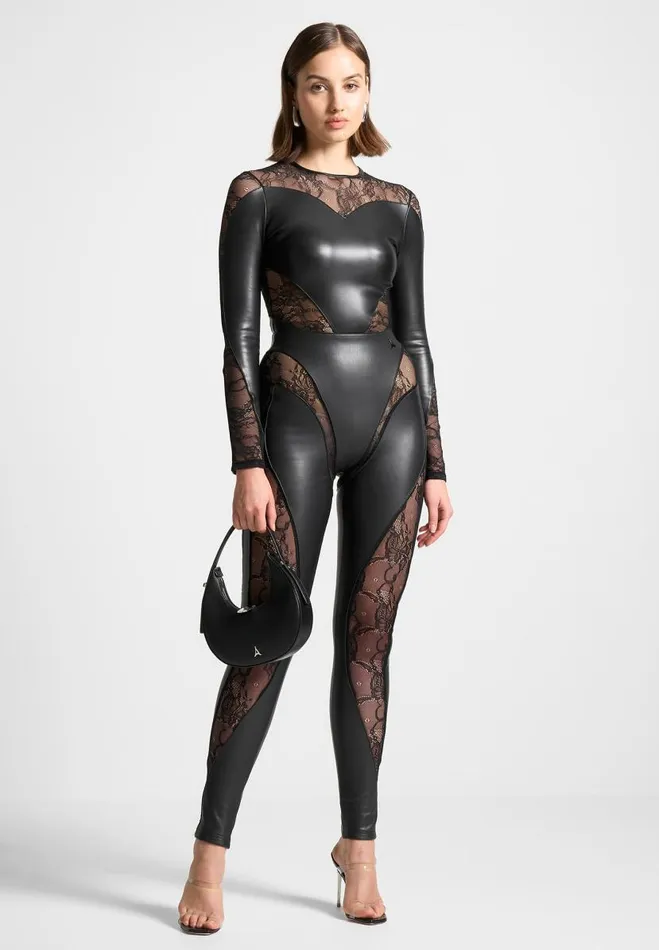 Manire De Voir Matching Sets Manire De Voir Woman Vegan Leather And Lace Contour Leggings 8211 Black Manire De Voir Matching Sets Manire De Voir Woman Vegan Leather And Lace Contour Leggings 8211 Black