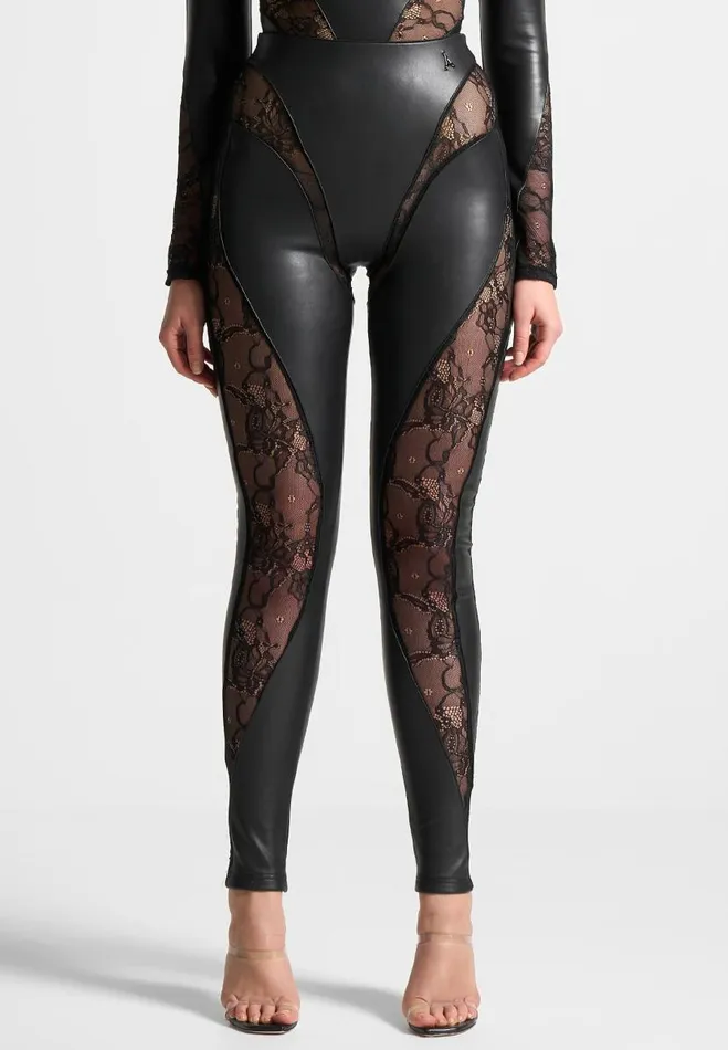 Manire De Voir Matching Sets Manire De Voir Woman Vegan Leather And Lace Contour Leggings 8211 Black