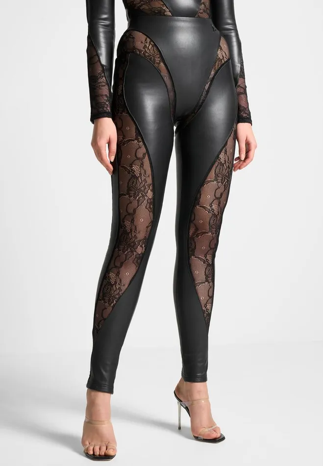 Manire De Voir Matching Sets Manire De Voir Woman Vegan Leather And Lace Contour Leggings 8211 Black