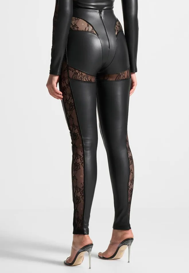 Manire De Voir Matching Sets Manire De Voir Woman Vegan Leather And Lace Contour Leggings 8211 Black