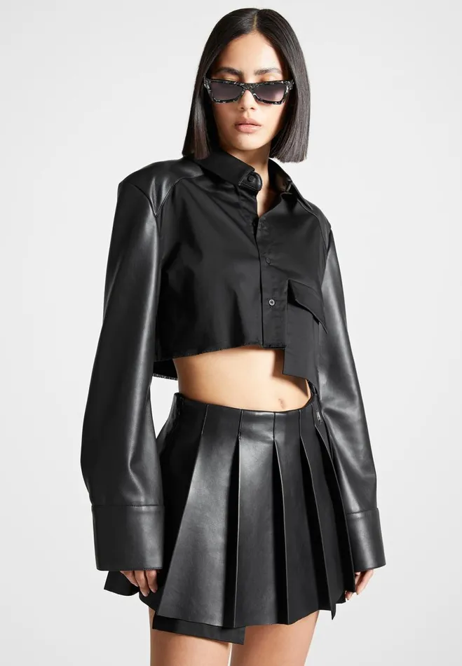 Manire De Voir Matching Sets Manire De Voir Woman Vegan Leather Contrast Cropped Shirt 8211 Black Manire De Voir Matching Sets Manire De Voir Woman Vegan Leather Contrast Cropped Shirt 8211 Black