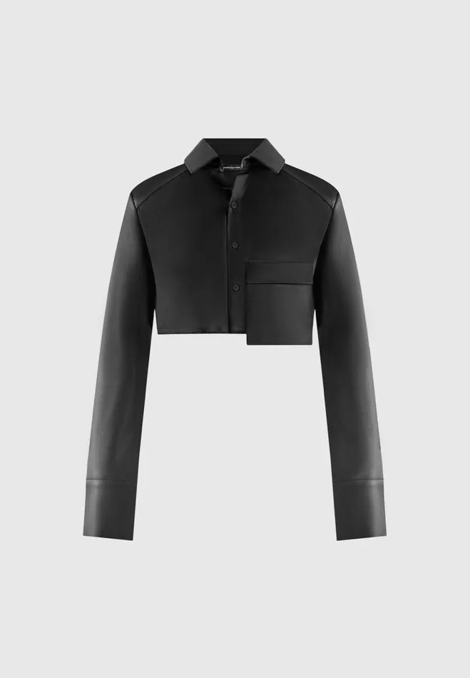 Manire De Voir Matching Sets Manire De Voir Woman Vegan Leather Contrast Cropped Shirt 8211 Black