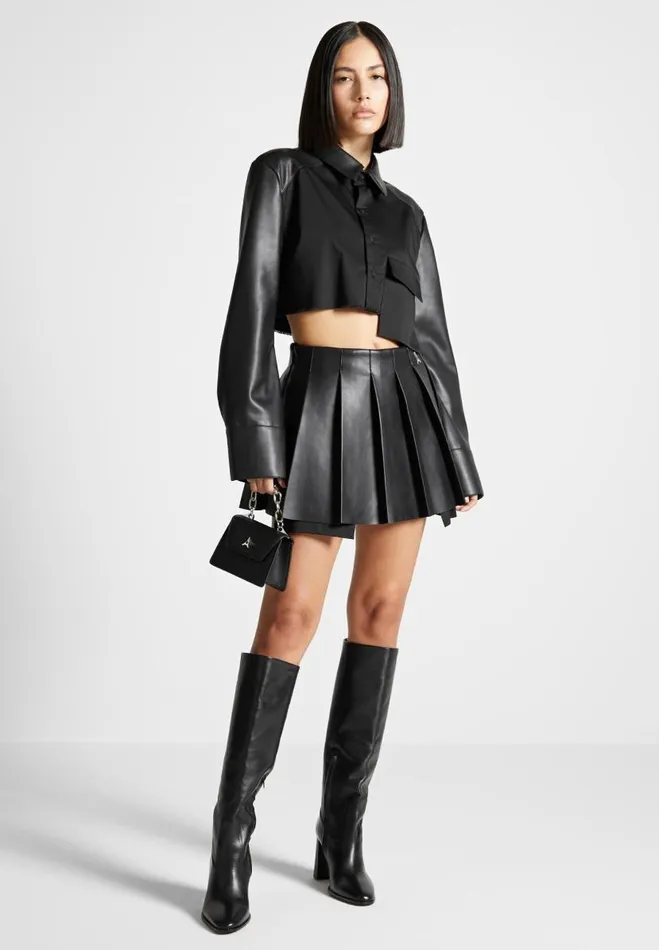 Manire De Voir Matching Sets Manire De Voir Woman Vegan Leather Contrast Cropped Shirt 8211 Black