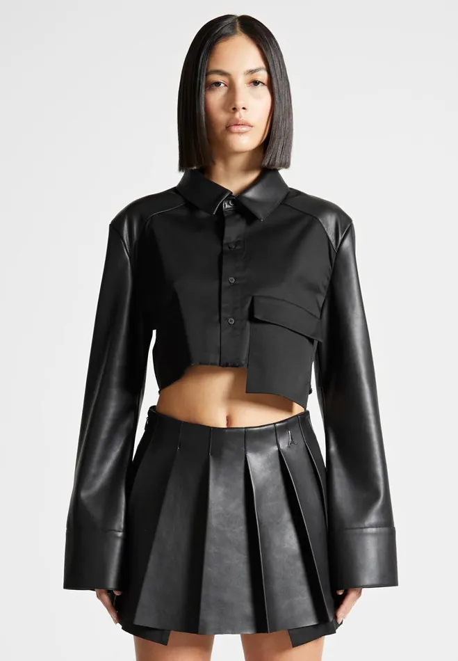 Manire De Voir Matching Sets Manire De Voir Woman Vegan Leather Contrast Cropped Shirt 8211 Black