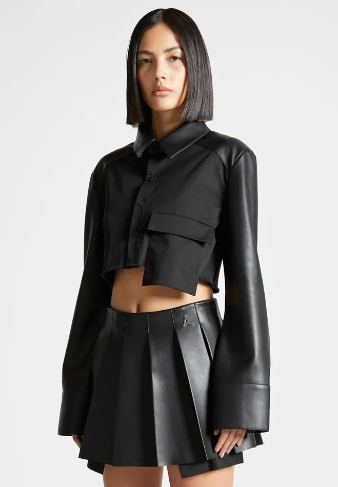 Manire De Voir Matching Sets Manire De Voir Woman Vegan Leather Contrast Cropped Shirt 8211 Black